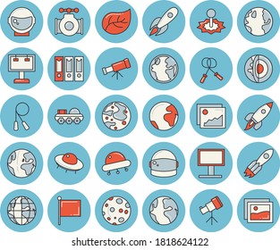 Thin line blue tinted icon set - main pipeline flat vector, tree leaf, earth, laser, billboard, rocket, flag, moon, lunar rover, ufo, telescope, folders for papers, core of the fector, skipping rope