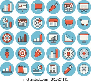 Thin line blue tinted icon set - ham flat vector, carrot, store front, grocery trolley, target audience, crisis, chart, statistics, flipchart, bags, news, statistic, presentaition board, shop