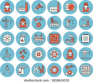 Juego de íconos de color azul claro - grúa vector plano, constructor, rueda cognitiva, trammel, fábrica, manufactura, planta, trabajador de construcción, placa base, robótica, divisores, cromosomas, energía nuclear