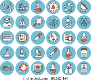 Thin line blue tinted icon set - chemistry flat vector, satellite antenna, magnifier, target audience, pipette, computer diagnostics of health, microscope, medical analysis, flask, molecule, atom