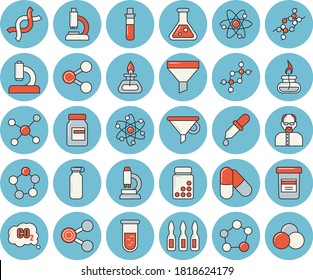 Juego de íconos de color azul claro - dióxido de carbono vector plano, embudo, moléculas, vial, pipeta, análisis de sangre, microscopio, ampolla, ADN, matraz, molécula, átomo, quemador de gas, científico, vitaminas, píldoras