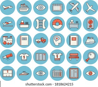 Thin line blue tinted icon set - window flat vector, house layout, induction cooker, donut, pickup truck, bench, calendar, eye, office worker, magnifier, notebook, telescope, brain fector, aircraft