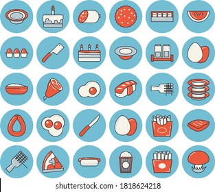 Thin line blue tinted icon set - knives flat vector, spice, egg, plates, sausage, watermelon, spaghetti on a fork, hot dog, pizza, cake, dish, porridge, ham, chop, French fries, sashimi, popcorn