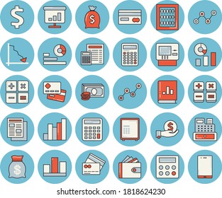 Juego de iconos de color azul claro - calculadora vector plano, crisis, gráfico, efectivo, tarjeta de crédito, dólar, inversiones, cartera, riqueza, estadísticas, dispersión, noticias, contabilidad de balance contable, máquina, estadística