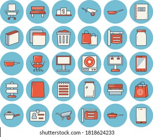 Thin line blue tinted icon set - wheelbarrow flat vector, frying pan, saute, weighing machine, cutting board, glass jar, bench, bottles, signboard, billboard, bags, badge, office chair, sticker