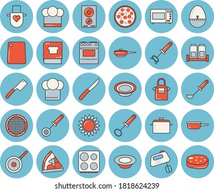 Thin line blue tinted icon set - saucepan flat vector, frying pan, saute, teflon, cook hat, apron, ladle, kitchen spoon, whisk, egg timer, knives, cutting board, electric stove, induction cooker