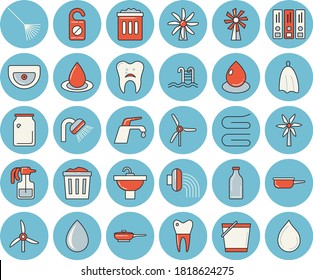 Thin line blue tinted icon set - sink flat vector, shower, faucet, frying pan, saute, towel, windmill, pulverizer, rake, bucketful, hose irrigation, drop, glass bottles, caries, dental crowns, pool