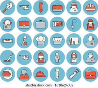 Thin line blue tinted icon set - builder flat vector, level meter, hard hat, construction plummet, cook, worker, case, telephone operator, briefcase, helicopter, nurse, scalpel, phone, tie
