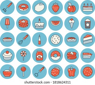 Thin line blue tinted icon set - cake flat vector, whisk, sauce, lemon, biscuit, pancakes, watermelon, cupcake, piece of, donut, porridge, pie, lollipop, bell pepper, popcorn, ice cream, jam, plum