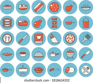 Thin line blue tinted icon set - frying pan flat vector, hiking pot, saute, knives, cookbook, barbecue, dish, table setting, plates, spaghetti, ham, sausage, on a fork, hot dog, pizza, salad, soup