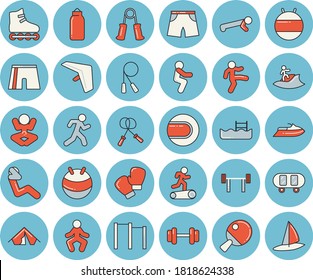 Thin line blue tinted icon set - dumbbell flat vector, barbell, skateboard, skipping rope, carpal expander, parallel bars, sports pear, athletic shorts, tennis ball, fitball, boxing gloves, yoga