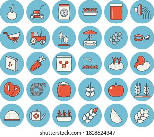 Thin line blue tinted icon set - flour flat vector, groats, ear, legumes, coffee beans, garlic, onion, tomato, jam, fertilizer vectory, well, carrot, tractor, sprinkling machine, hose, secateurs