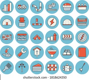 Thin line blue tinted icon set - brick wall flat vector, sink, pipes, tile, flooring, cutting board, spaghetti on a fork, cupcake, piece of cake, fish rolls, nesting box, greenhouse, conveyor, chart