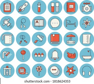 Thin line blue tinted icon set - tape measure flat vector, paint roller, shower, meashuring cup, egg, chicken, lollipop, well, main pipeline, rocket, chat, blood test, clipboard, hospital bed, book