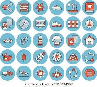 Thin line blue tinted icon set - tile flat vector, warm floor, cookbook, ear, hot peppers, pickup truck, flower, oil pumping, laser, lighthouse, target audience, molecules, sperm, molecule, spark