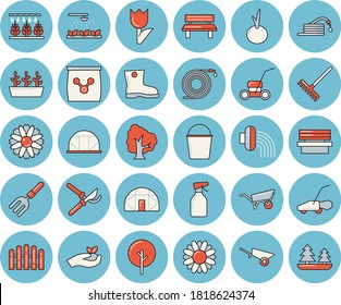 Thin line blue tinted icon set - wheelbarrow flat vector, onion, tree, flower, pulverizer, sprinkling machine, pitchfork, hose, fence, secateurs, seedlings, rake, bucketful, irrigation, gumboots