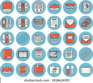 Thin line blue tinted icon set - book balance accounting flat vector, briefcase, notebook, clip, document, folder, paper tray, archive, contract, hostory roll, textbook, folders for papers, stamp