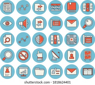 Thin line blue tinted icon set - satellite antenna flat vector, motherboard, signboard, scatter chart, news, computer file, badge, magnifier, folder, paper tray, archive, textbook, indentity card