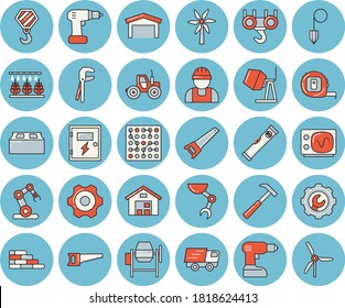 Thin line blue tinted icon set - builder flat vector, brick wall, hook, concrete mixer, cogwheel, tool, drill screwdriver, saw, tape measure, level meter, switch box, repair, construction plummet