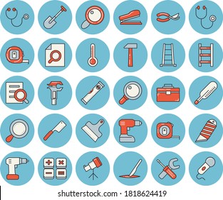 Juego de íconos de color azul delgado - herramienta vectorial plano, destornillador de taladros, medida de cinta, bolsa, medidor de nivel, navaja, papel, martillo, cuchillos, termómetro, pala, secadores, escalera, trampolín