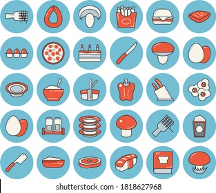 Juego de íconos de color azul claro - cuchillos vectores planos, libro de cocina, especias, huevos, platos, salchichas, spaghetti on a fork, hamburguesa, pizza, setas, tarta, plato, avena, chop, pimiento, patatas fritas