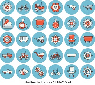 Thin line blue tinted icon set - wheelbarrow flat vector, cogwheel, color scheme, pickup truck, tractor, garden, grocery trolley, disabled, office chair, skateboard, bicycle, steering wheel