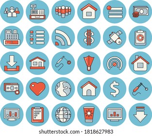 Thin line blue tinted icon set - house flat vector, welding, earth, graphic report, cash, dollar, team, machine, heart, computer chart, satellit, sun protection cream, flippers, menu, broadcast