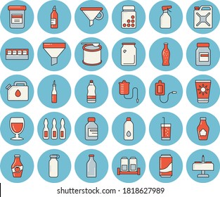 Thin line blue tinted icon set - spice flat vector, ketchup, sauce, lemonade, wine, soda, mustard, pulverizer, canister, glass bottles, funnel, vial, medical warmer, ampoule, vitamins, steroids