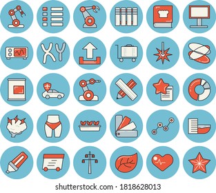 Thin line blue tinted icon set - color scheme flat vector, measure, heating batteries, cookbook, seedlings, tree leaf, power line support, autopilot, laser, robotics, billboard, marker, chromosomes