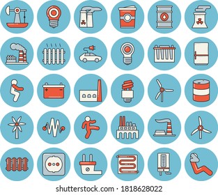 Thin line blue tinted icon set - sockets flat vector, warm floor, heating batteries, boiler, fridge, coffe, windmill, oil pumping, factory, tanks, accumulator, lamp, plug socket, manufactory, plant