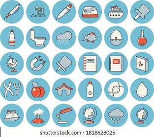 Thin line blue tinted icon set - toilet flat vector, kitchen egg timer, groats, fish, plum, rain, pool, magnet, chromosomes, drawing pin, reading lamp, pen, globe, notebook, dna, water, tent, island