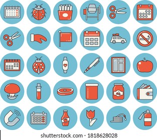 Juego de íconos de tintado de color azul delgado - ventana vectorial plano, mezclador de hormigón, tiburón, tomate, patatas fritas, mermelada, ketchup, hongo, ladybird, manguera, tulipán, imán, cartera, bandera, calendario, análisis de sangre