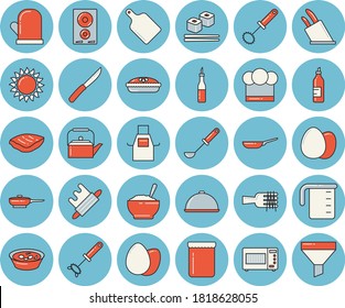 Thin line blue tinted icon set - frying pan flat vector, meashuring cup, teapot, cook hat, apron, potholder, ladle, whisk, knives, rolling pin, cutting board, induction cooker, gas, microwave, egg