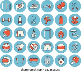 Thin line blue tinted icon set - dumbbell flat vector, barbell, weight, volleyball, centimeter, muscles, skipping rope, parallel bars, sports equipment horse, pear, athletic shorts, tennis ball, run