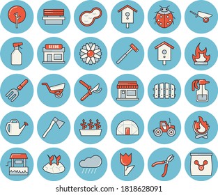 Thin line blue tinted icon set - wheelbarrow flat vector, ax, well, nesting box, tree, flower, pulverizer, ladybird, grain warehouse, tractor, pitchfork, fence, secateurs, watering can, garden, rain