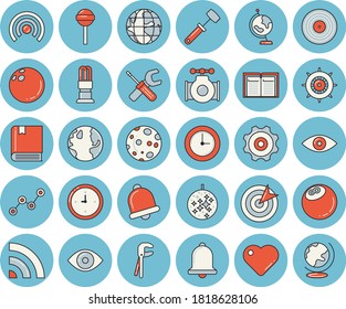 Thin line blue tinted icon set - tool flat vector, meat hammer, lollipop, main pipeline, earth, energy saving lamp, scatter chart, heart, eye, clock, target, moon, globe, textbook, cogwheel, disco