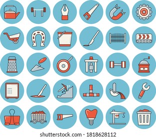 Thin line blue tinted icon set - crane flat vector, trowel, saw, pipes, fence, teflon, teapot, coffee grinder, grater, horseshoe, bucketful, garden wheelbarrow, conveyor, wrench, mining, metallurgy