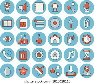Thin line blue tinted icon set - trowel flat vector, putty knife, SIM card, phone call, share, house, menu, download, clip, hourglass, binder, steering wheel, mouthpiece, trash can, microphone, eye