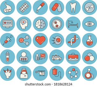 Thin line blue tinted icon set - chemistry flat vector, molecules, pill packaging, pills, medical warmer, pipette, syringe, heart, computer diagnostics of health, briefcase, hospital bed, eye, nurse