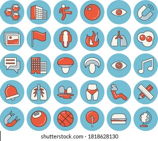 Juego de íconos de color azul delgado - rascacielos vector plano, medida, fuego, hamburguesa, hongos, huevos revueltos, panal, bosque, imán, bandera, chat, pulmones, edificio de oficinas, bola de bolos, campana
