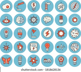 Juego de íconos de color azul delgado - lámpara de ahorro de energía vector plano, caja de cambios, huevos revueltos, sol, mariposas, fogones, láser, faro, idea, lectura, luna, bulbo, fector, chispa, relámpago, cerebro