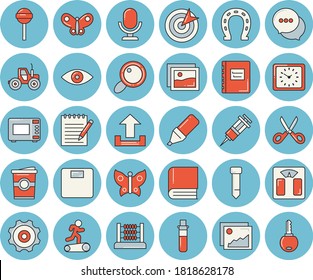 Thin line blue tinted icon set - scissors flat vector, microwave, lollipop, coffe, horseshoe, tractor, butterflies, magnifier, marker, clock, chat, blood test, syringe, abacus, target, tie, book