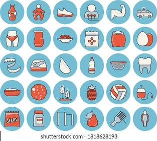 Thin line blue tinted icon set - colander flat vector, egg, flour, jugful, spaghetti on a fork, porridge, cutlet, garlic, pineapple, pear, ketchup, seeds, ear, pool, blood transfusion, ambulance