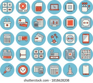 Juego de íconos de color azul claro - enchufes vectorial plano, calculadora, pesadora, balance de resorte, frigorífico, enchufe, motherboard, tarjeta SIM, crédito, efectivo, gráfico de computadora, teléfono, laptop, cpu