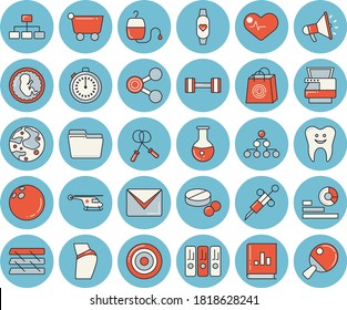 Thin line blue tinted icon set - grocery trolley flat vector, molecules, statistics, bags, mouthpiece, book balance accounting, pills, blood transfusion, syringe, medical analysis, helicopter, tooth