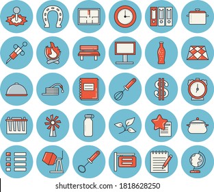 Thin line blue tinted icon set - concrete mixer flat vector, house layout, flooring, saucepan, whisk, dish, lemonade, windmill, horseshoe, hose, bonfire, bench, tree leaf, accumulator, laser, dollar