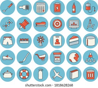 Dünnlinenblaue, getönte Ikonenset - saucepane flache Vektorgrafik, Kuchen, Leiter, Spaghetti auf einer Gabel, Senf, Windmühle, Gartenbarren, Sämlinge, Batterie, Rohrproduktion, Trenner, Durchstechflasche, Bluttransfusion