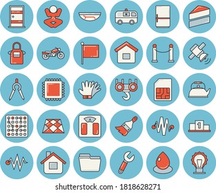 Thin line blue tinted icon set - hook flat vector, paint brush, Entrance door, flooring, cake, teapot, apron, fridge, house, gloves, drop, SIM card, dividers, wrench, flag, ambulance, computer file