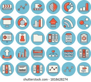 Thin line blue tinted icon set - conveyor flat vector, graphic report, chart, scatter, flipchart, barcode, statistic, clircle diagram, computer file, folder, point, paper tray, archive, security