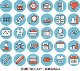 Thin line blue tinted icon set - cogwheel flat vector, fence, coffee grinder, double boiler, ear, hot dog, cupcake, soup, ladder, house, forest, magnifier, flipchart, calendar, calculator, heart